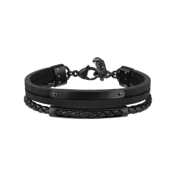 B MIX-BLACK LEATHER AND STEEL BRACELET