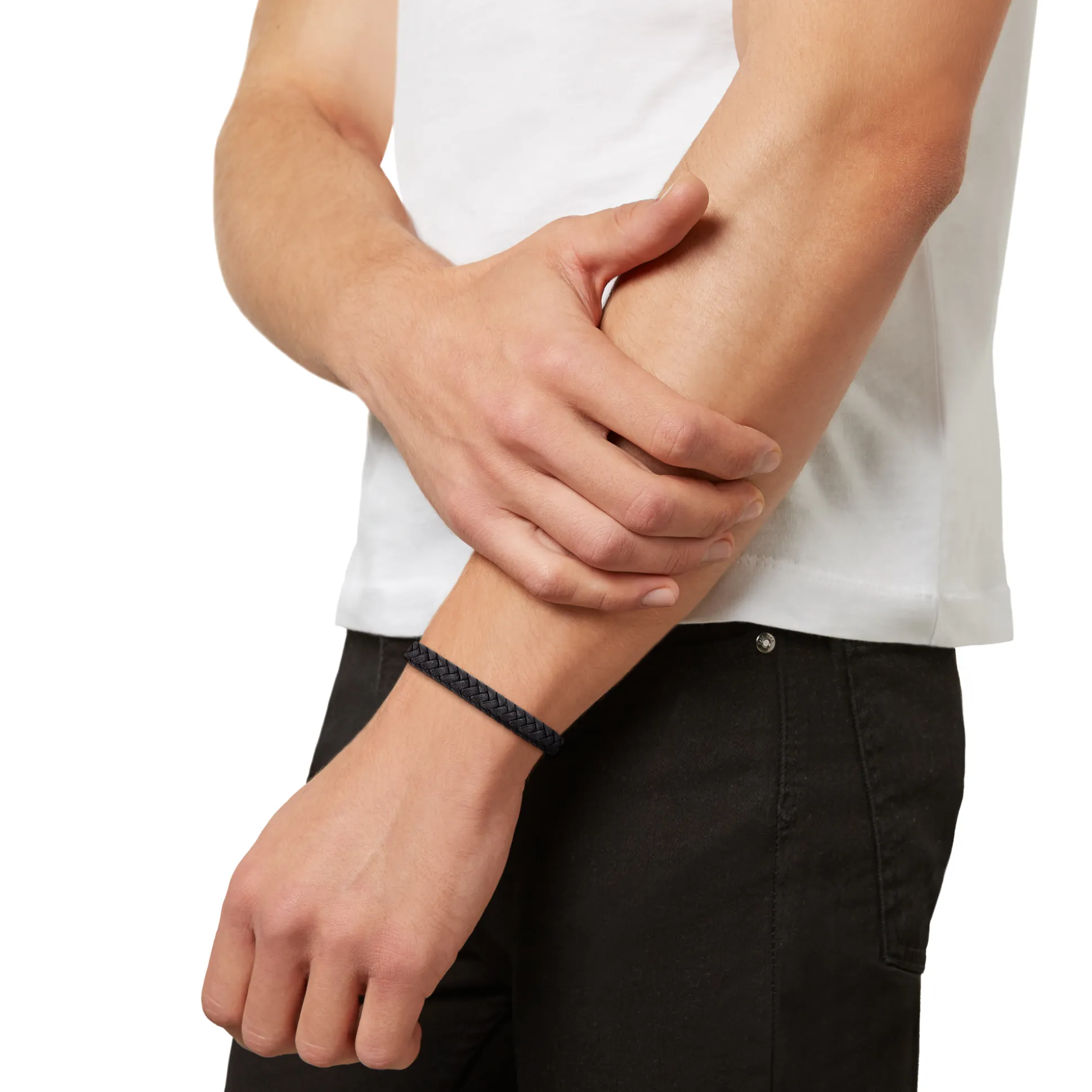 B MIX-BRACELET IN BLACK WOVEN LEATHER AND STEEL