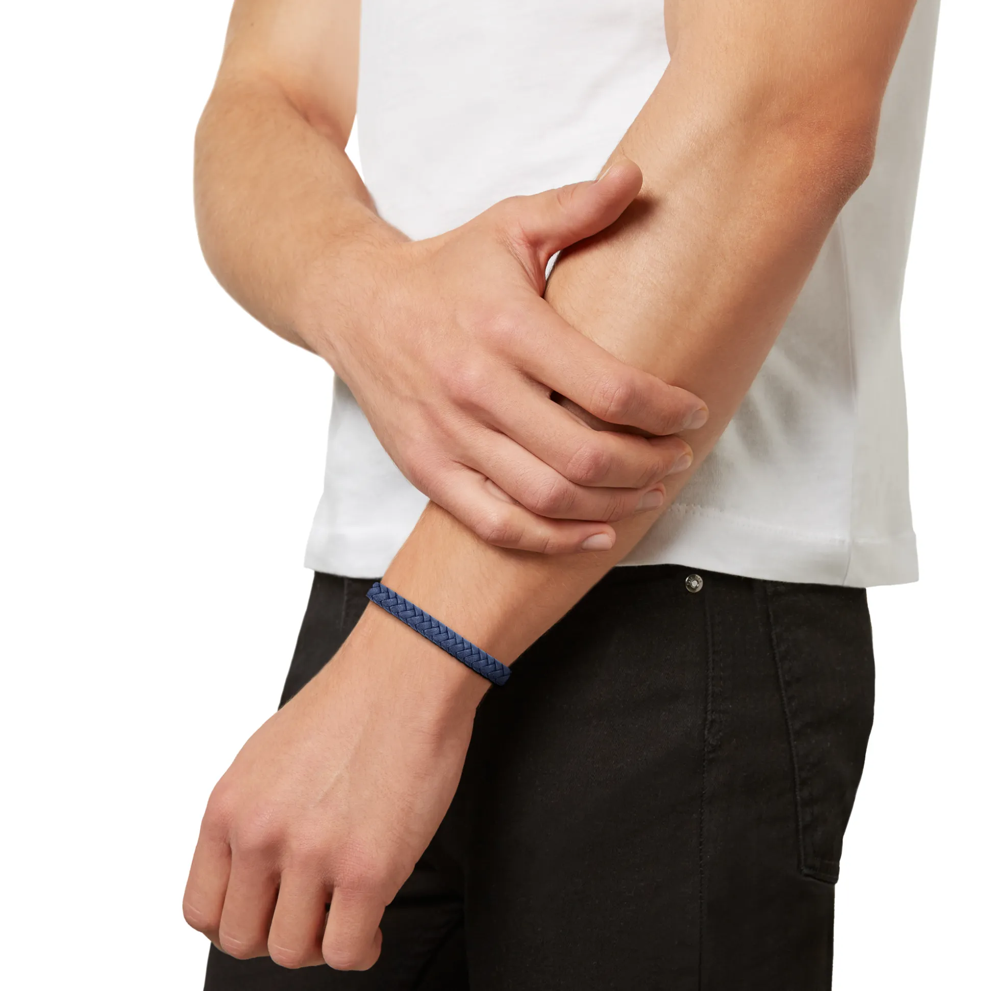B MIX-BRACELET IN BLUE WOVEN LEATHER AND STEEL