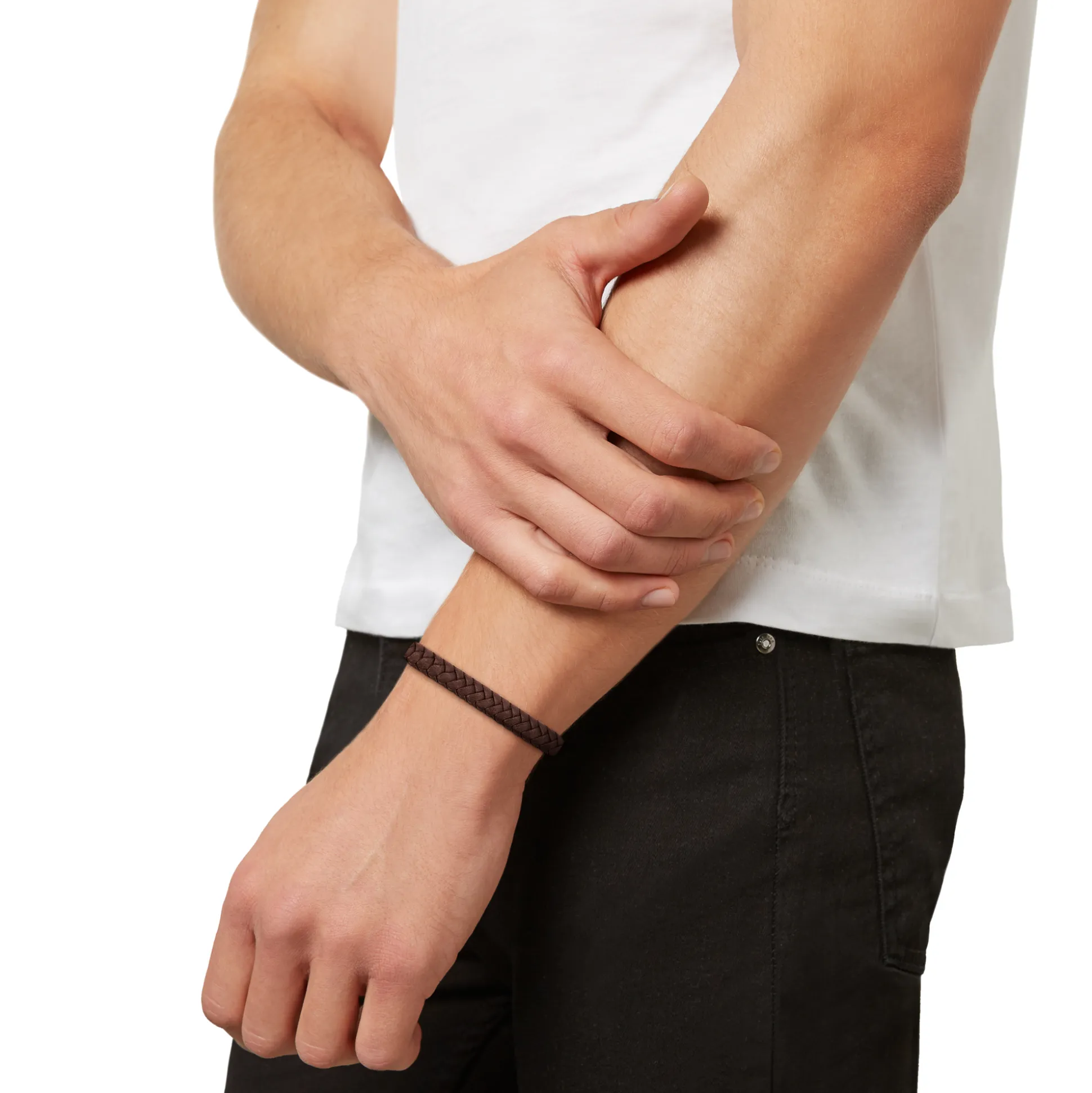 B MIX-BRACELET IN BROWN WOVEN LEATHER AND STEEL