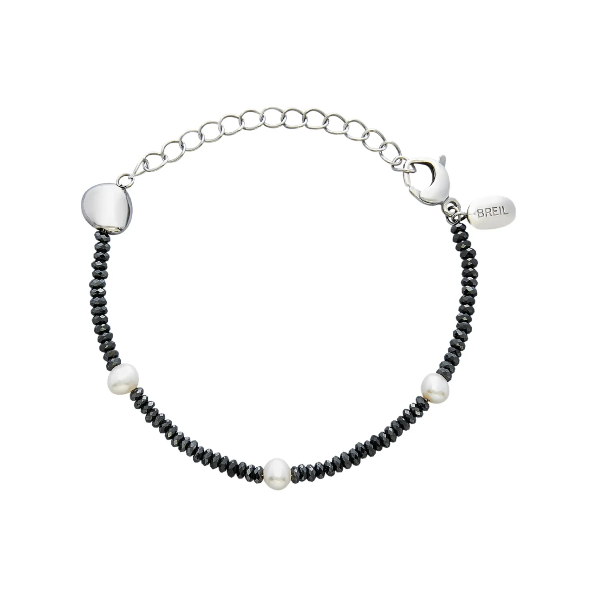 B ROCKS-BRECELET IN HEMATITE, PEALRS AND STEEL