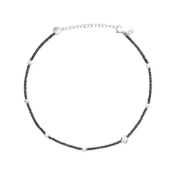 B ROCKS-NECKLACE IN HEMATITE, PEALRS AND STEEL
