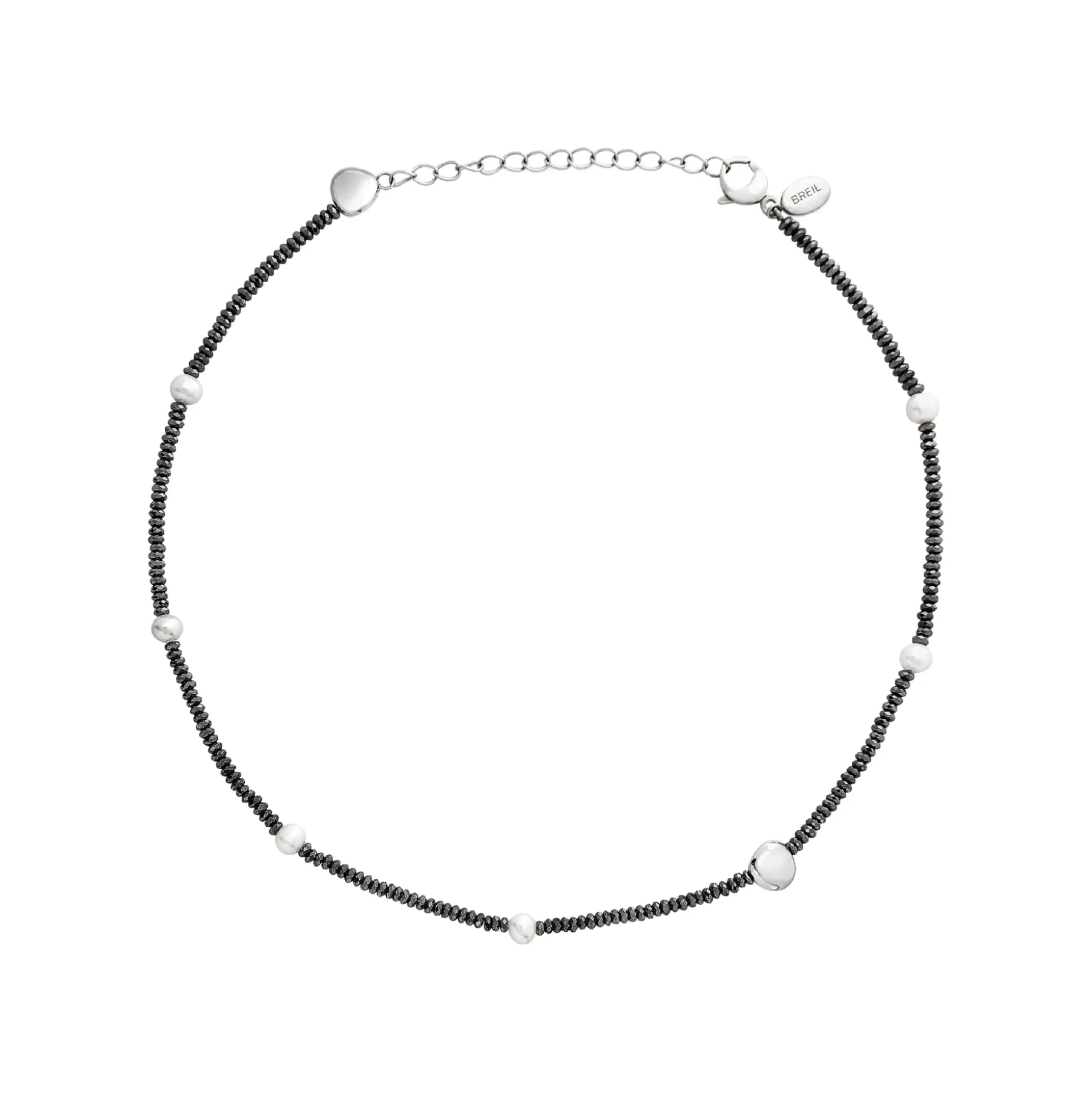 B ROCKS-NECKLACE IN HEMATITE, PEALRS AND STEEL