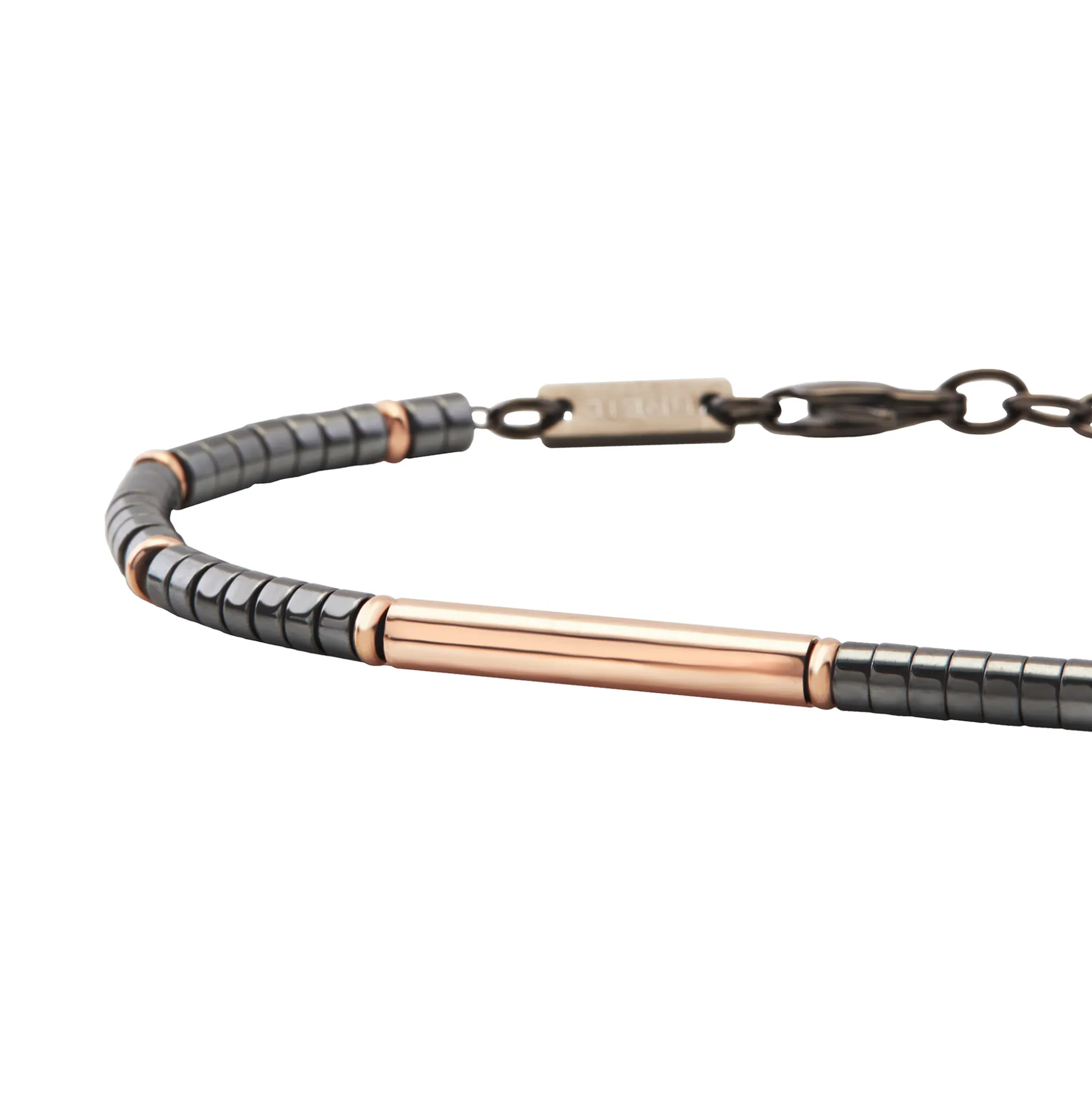 B ROCKS-ROSE GOLD COLORED STEEL AND HEMATITE BRACELET