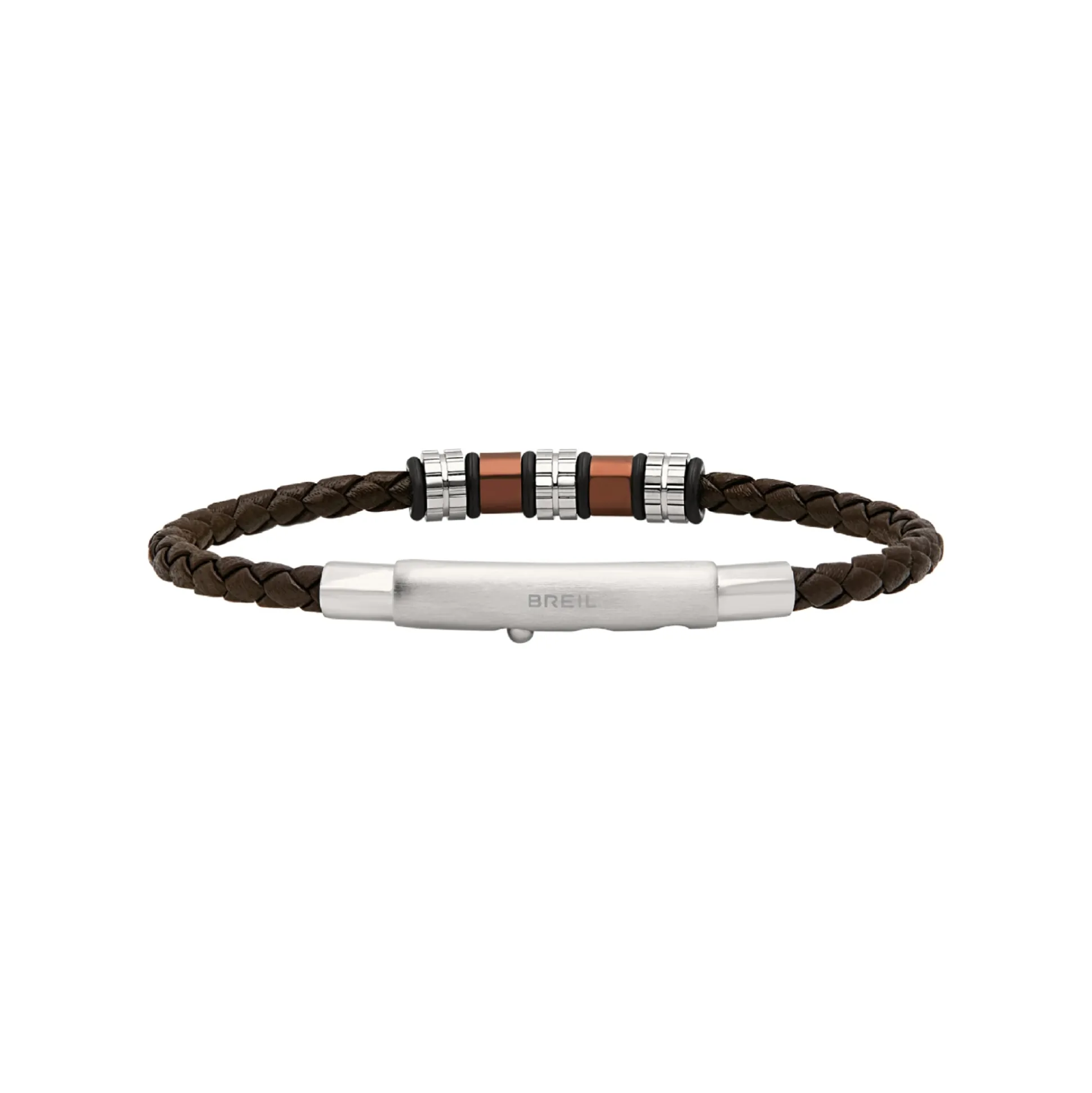 WANDERLUST-BRACELET IN STEEL AND BROWN VOWEN LEATHER